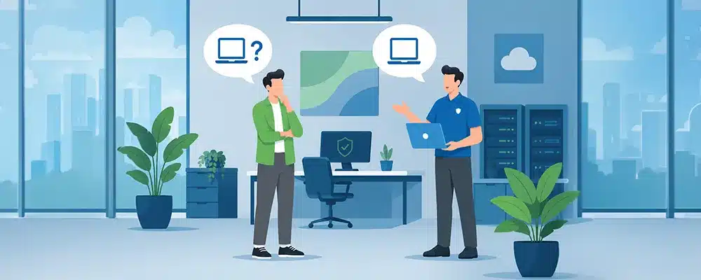 Business owner talking with a Brisbane IT service provider, both with matching computer icons in their speech bubbles, showing clear communication.