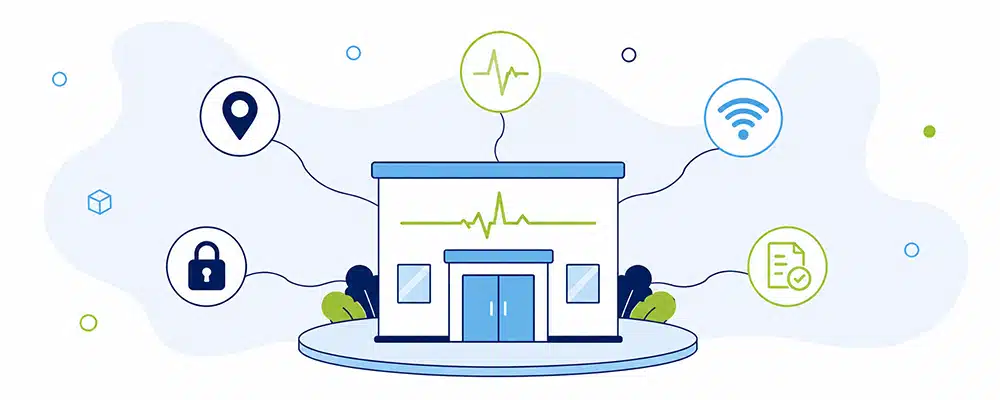 Illustration of managed IT services for healthcare connecting uptime, security, telehealth, and compliance