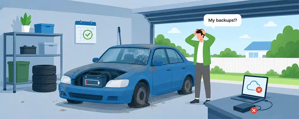 Man panicking over an untested backup and disaster recovery plan, illustrated as a neglected car in a garage.