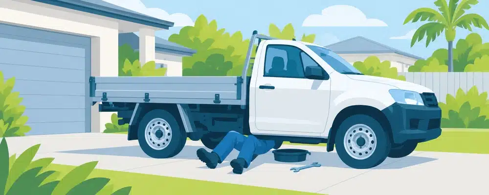 Cartoon of an Aussie work ute serviced DIY in a driveway, showing when it’s time for cyber security services