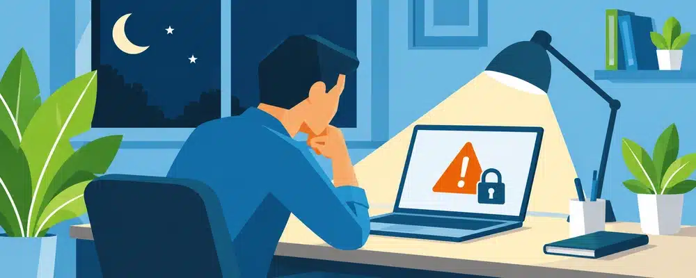 Person reviewing a security alert on a laptop after hours as part of managed cyber security services